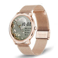 Women's waterproof smart watch with stainless steel band and 1.3 inch touch screen display