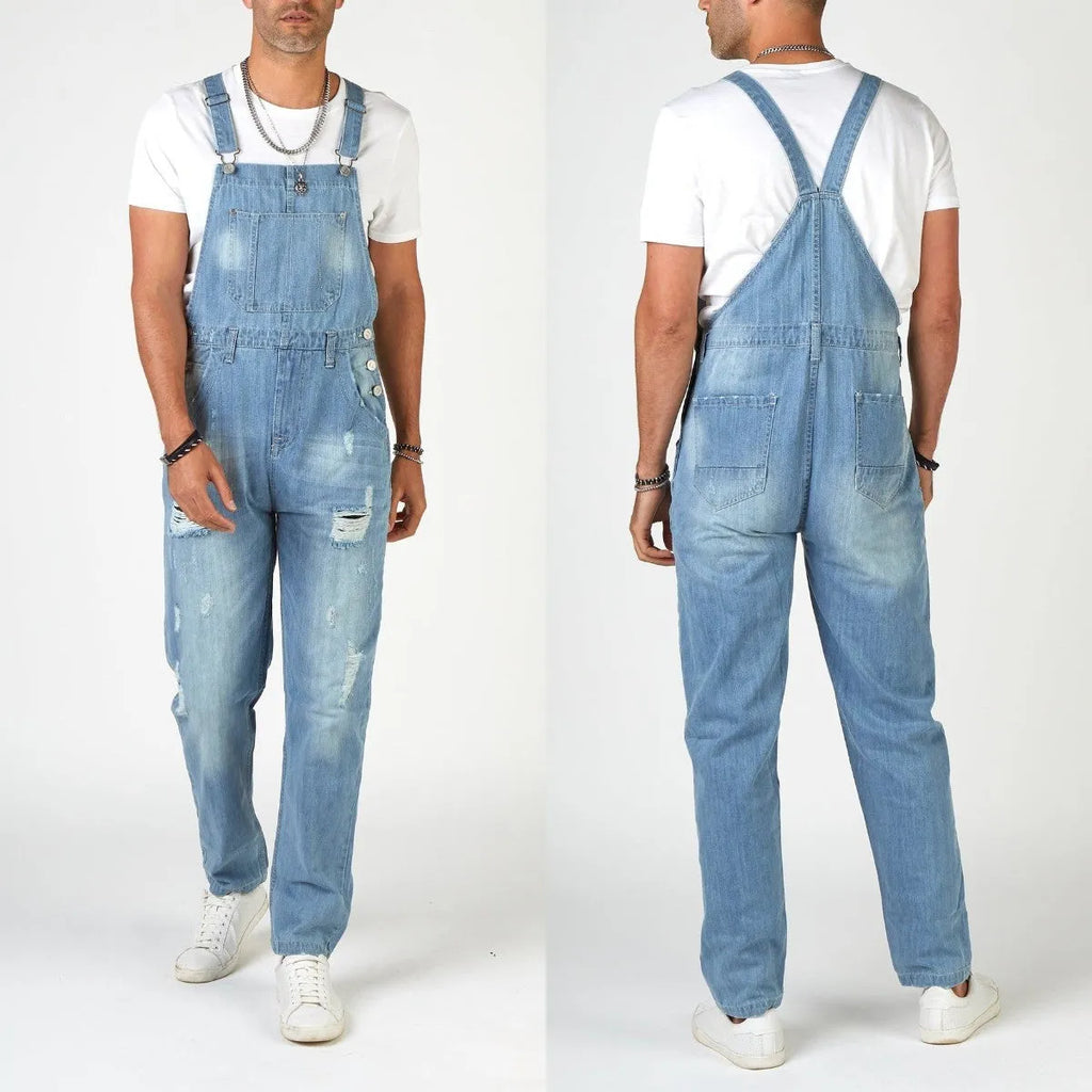 Light blue ripped denim suspender pants for men with high waist and straight legs
