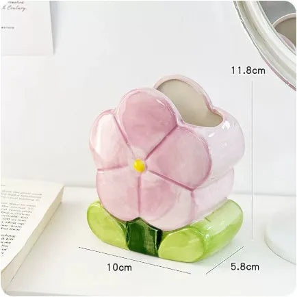 Ceramic desktop pen holder with floral pattern storage box for desk organisation