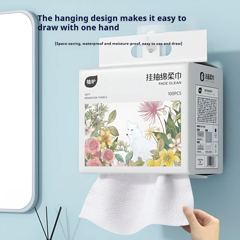 Disposable hanging face cloth roll with 100 sheets of thickening viscose-polyester material