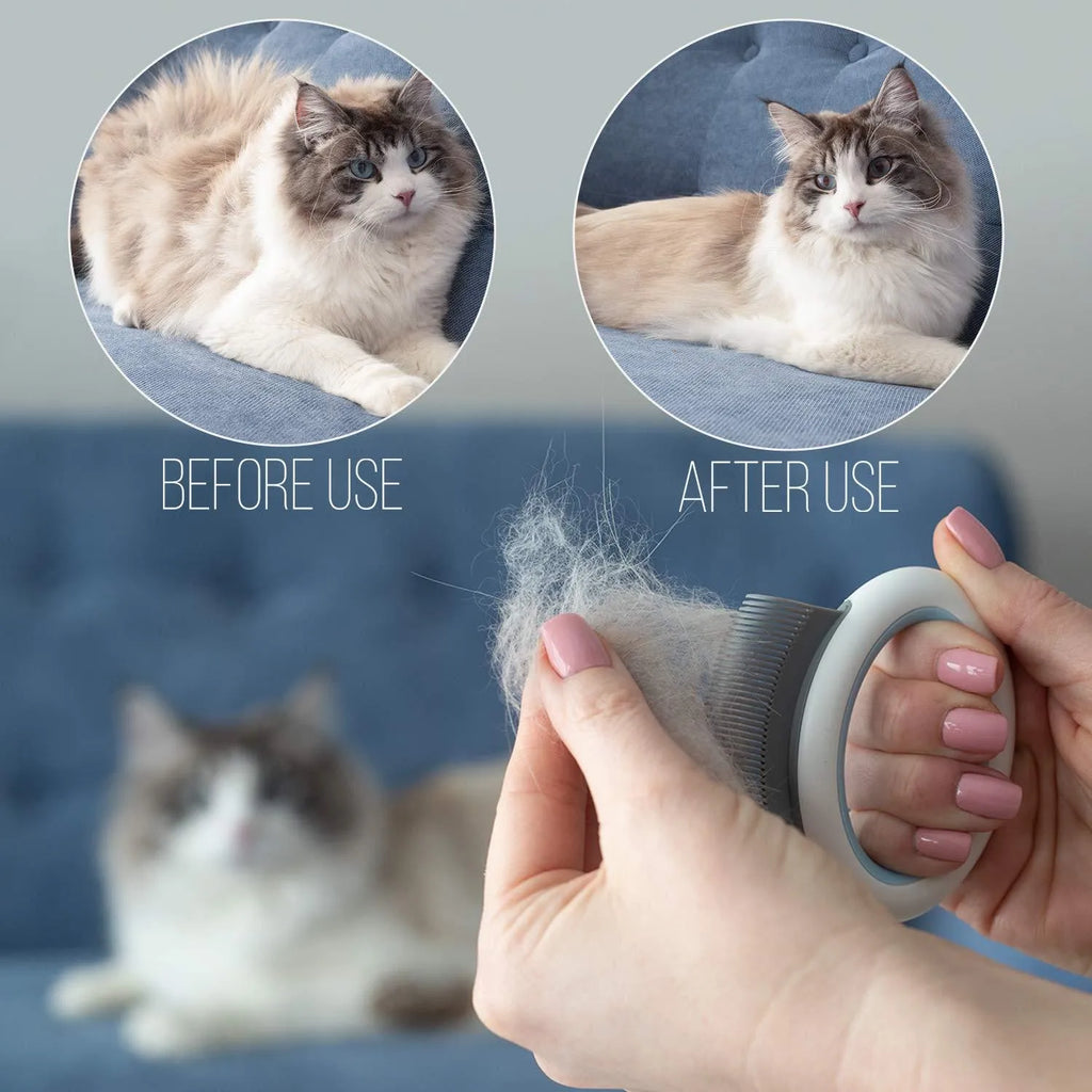Blue pet grooming comb for cats and dogs on a white background
