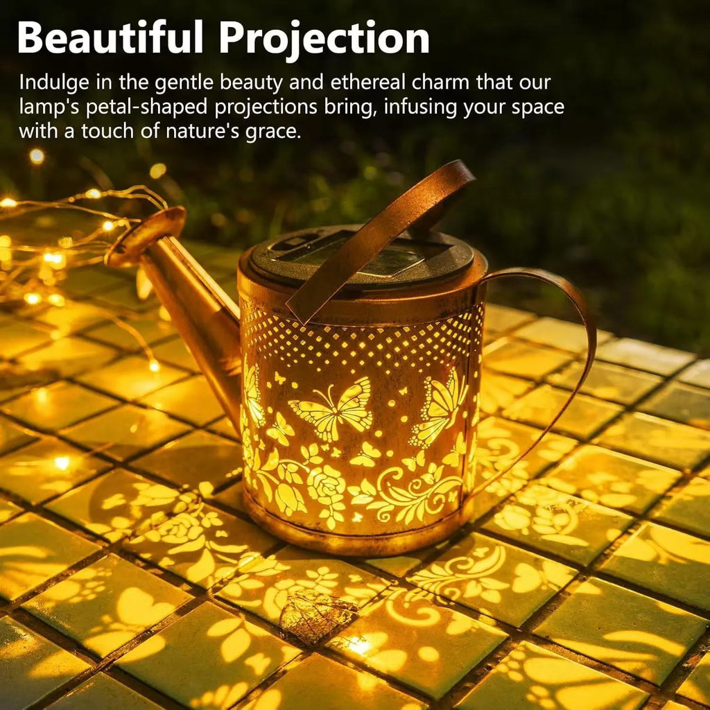 Butterfly kettle design solar courtyard light with wrought iron construction for outdoor garden placement