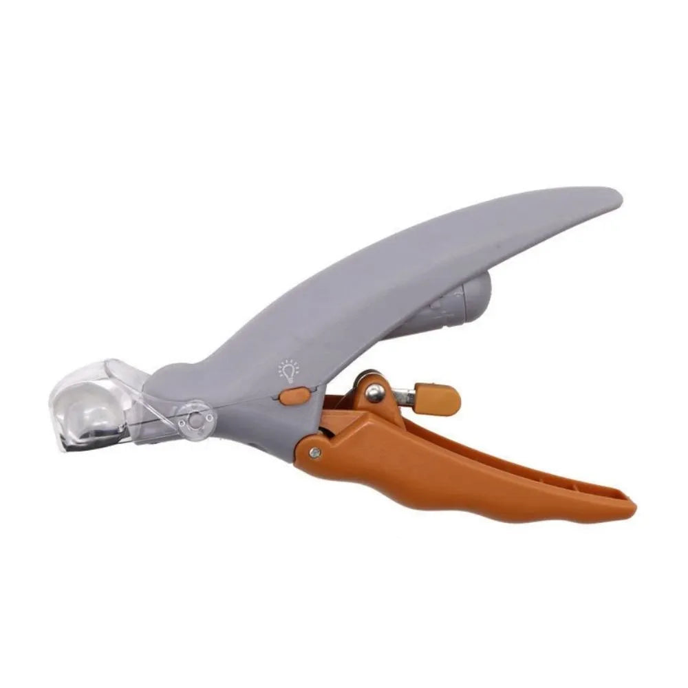 Yellow pet nail clipper with LED light and magnifying lens for dog and cat grooming