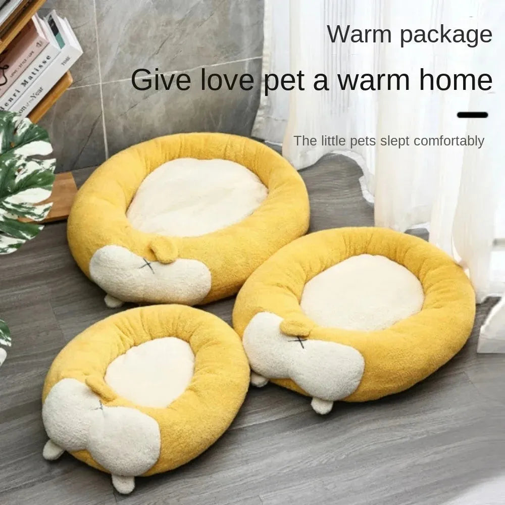 Corgi-shaped soft plush pet bed for dogs and cats with PP cotton filling, shown in available sizes.