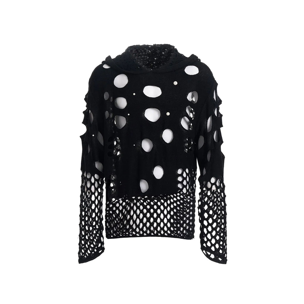 Black men's hooded sweater with pearl decoration, loose fit pullover hoodie