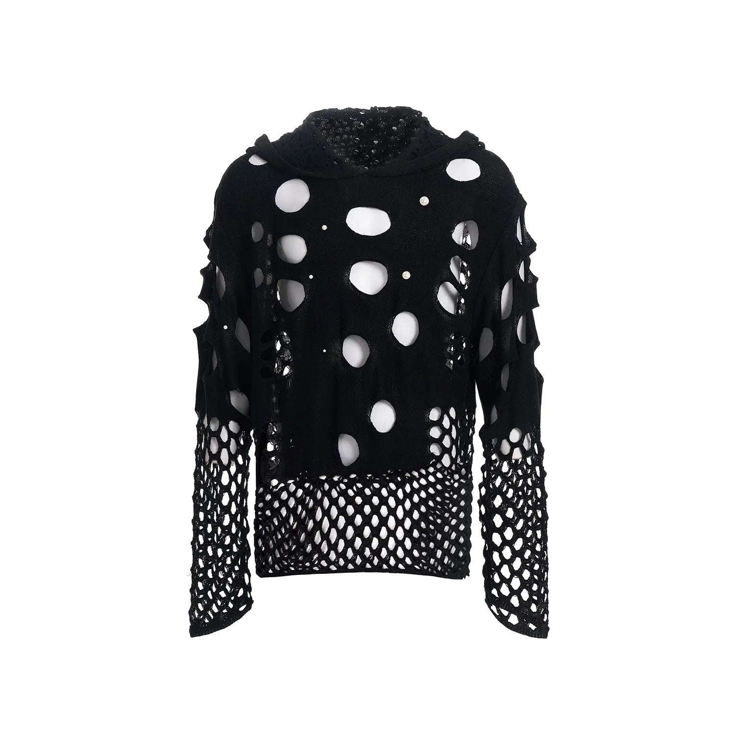 Black men's hooded sweater with pearl decoration, loose fit pullover hoodie