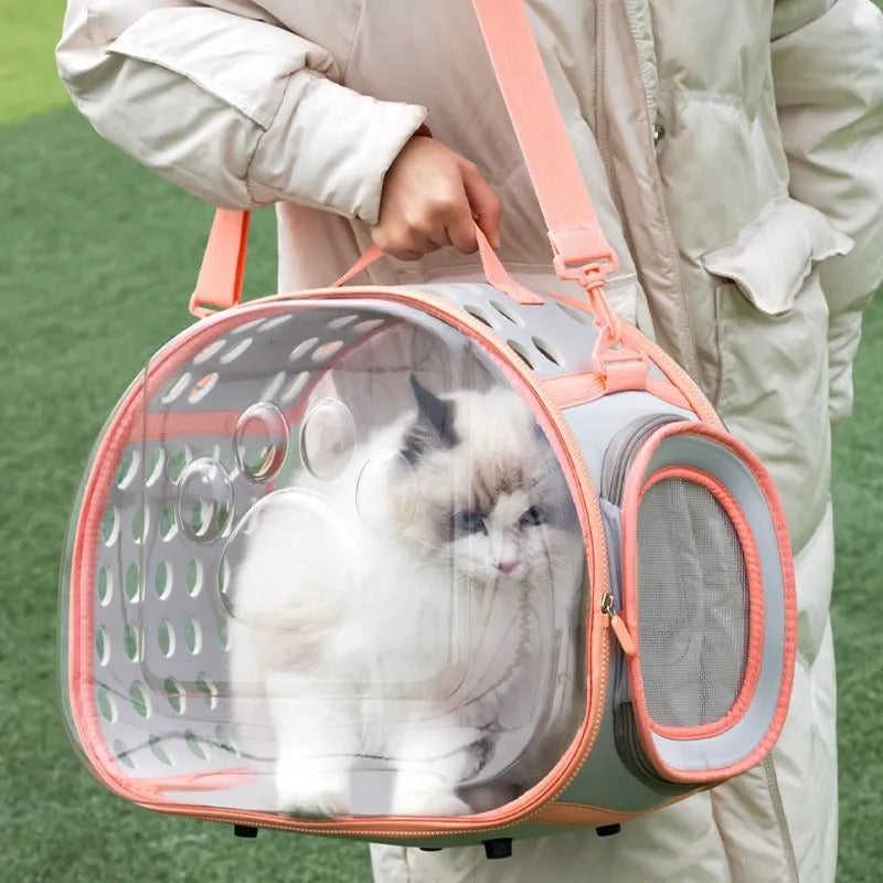 A large transparent hard-shell cat backpack in grass green, shown with dimensions for a pet up to 9kg.