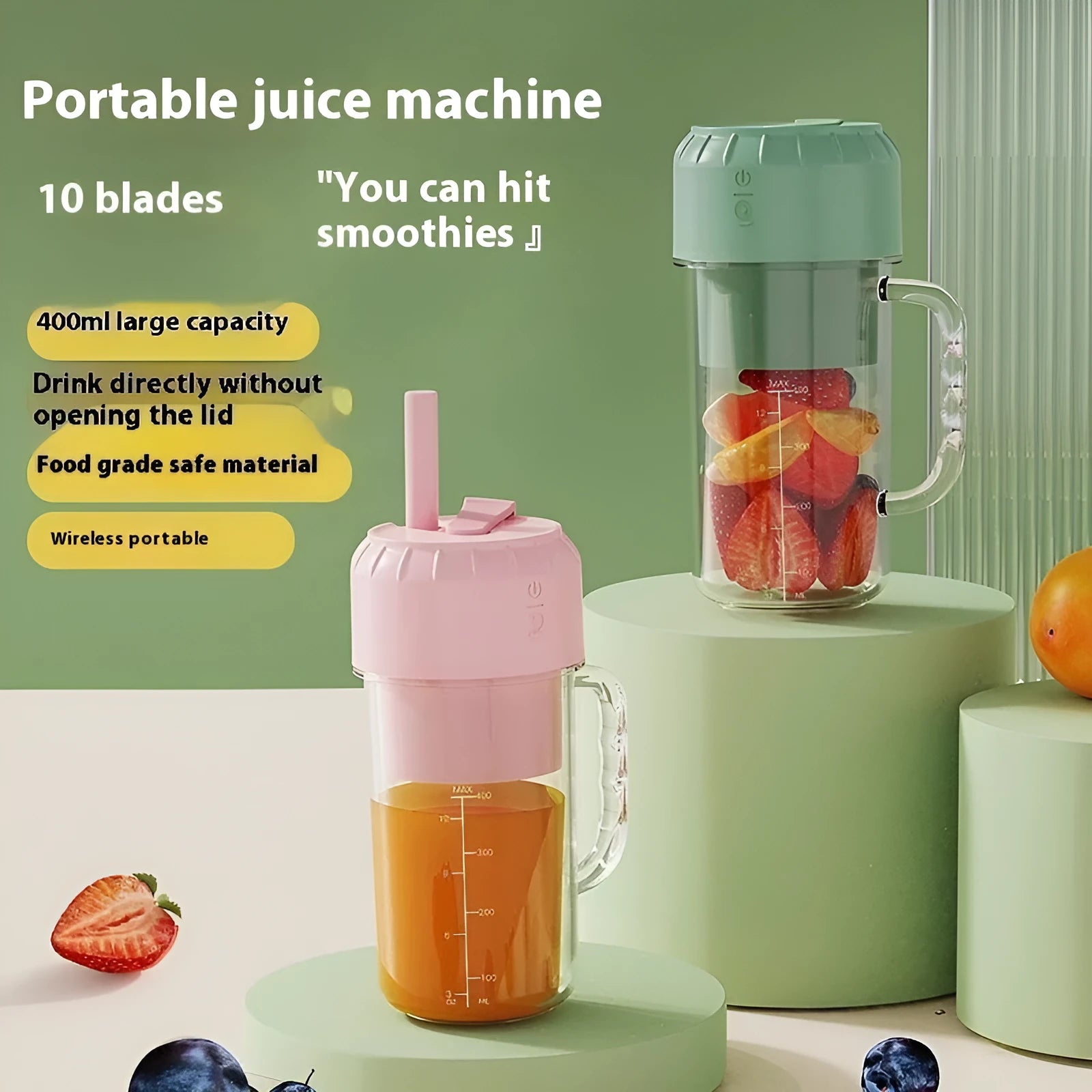 Portable USB rechargeable juicer in cherry blossom pink or avocado green with multiple blade options
