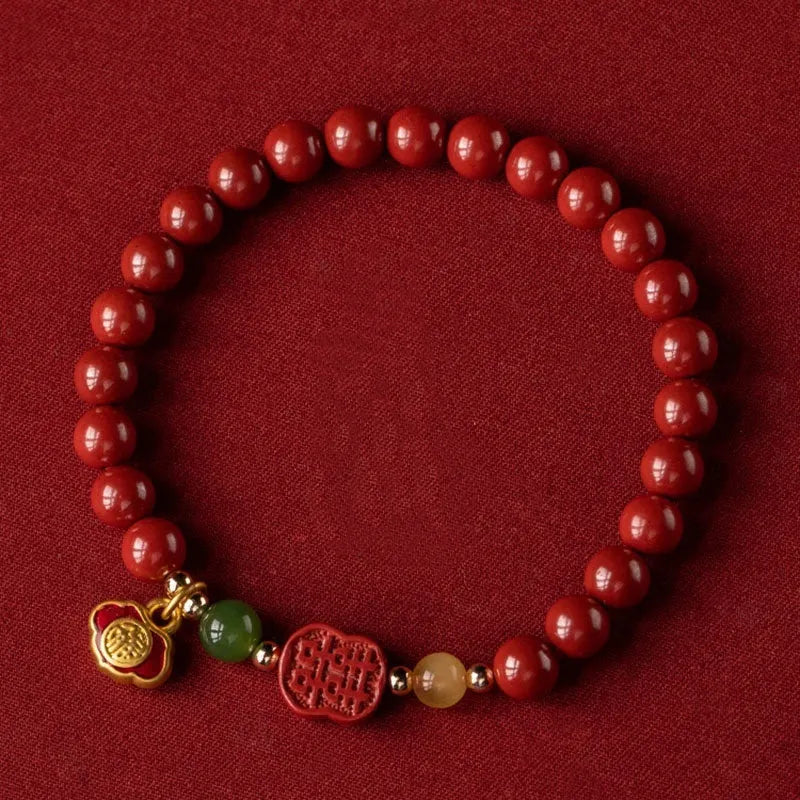 Emperor Sandstone cinnabar bracelet with fu character charm in 6mm and 8mm bead sizes