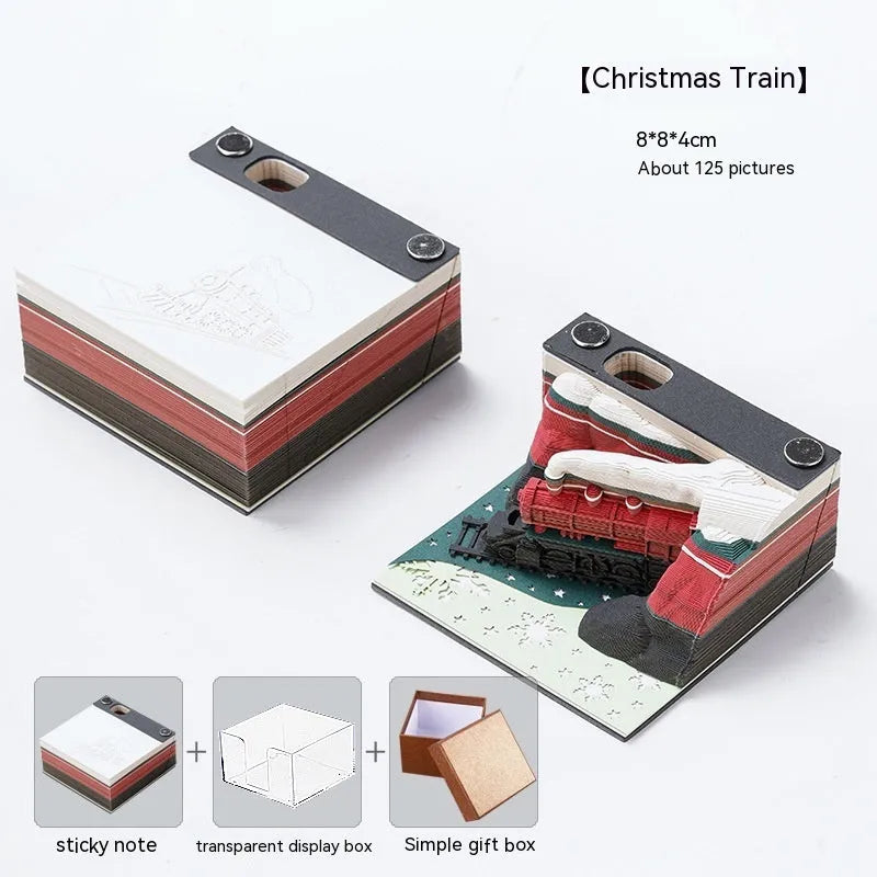 3D sticky notes with a paper carving of Qingshui Temple and a Christmas Train design on the notepad cover.