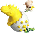 Blue dinosaur-shaped dog chew toy with textured rubber surface and attached nylon rope