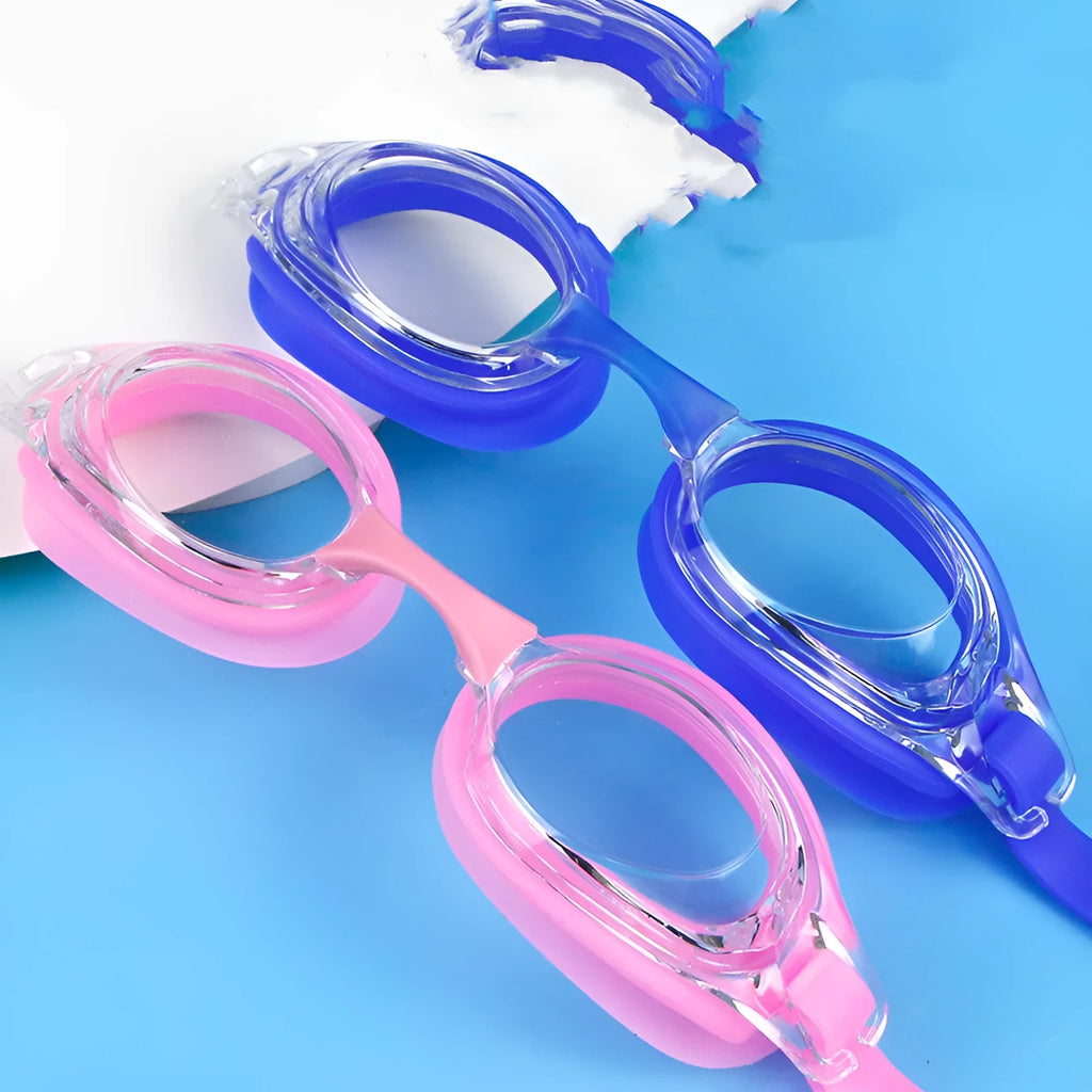 Black myopia swimming goggles with a silicone strap next to a hard protective storage case.