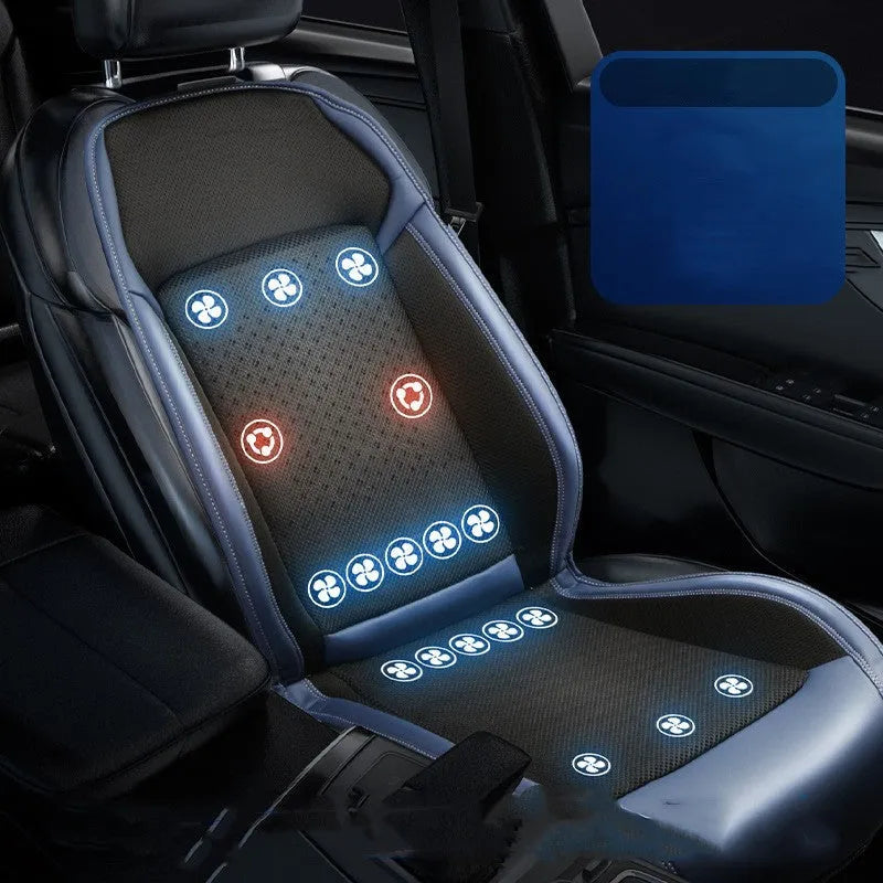 Black car cooling pad with ventilation system connected to vehicle 12V socket