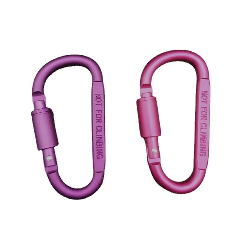 D-type aluminium locking climbing carabiner with screwgate, shown in a bright colour on a grey background.