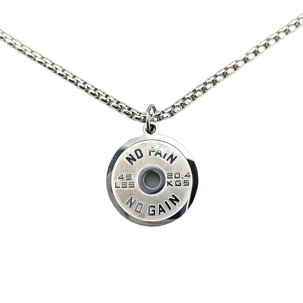 Geometric stainless steel barbell disc necklace with 60cm chain options on jewellery display