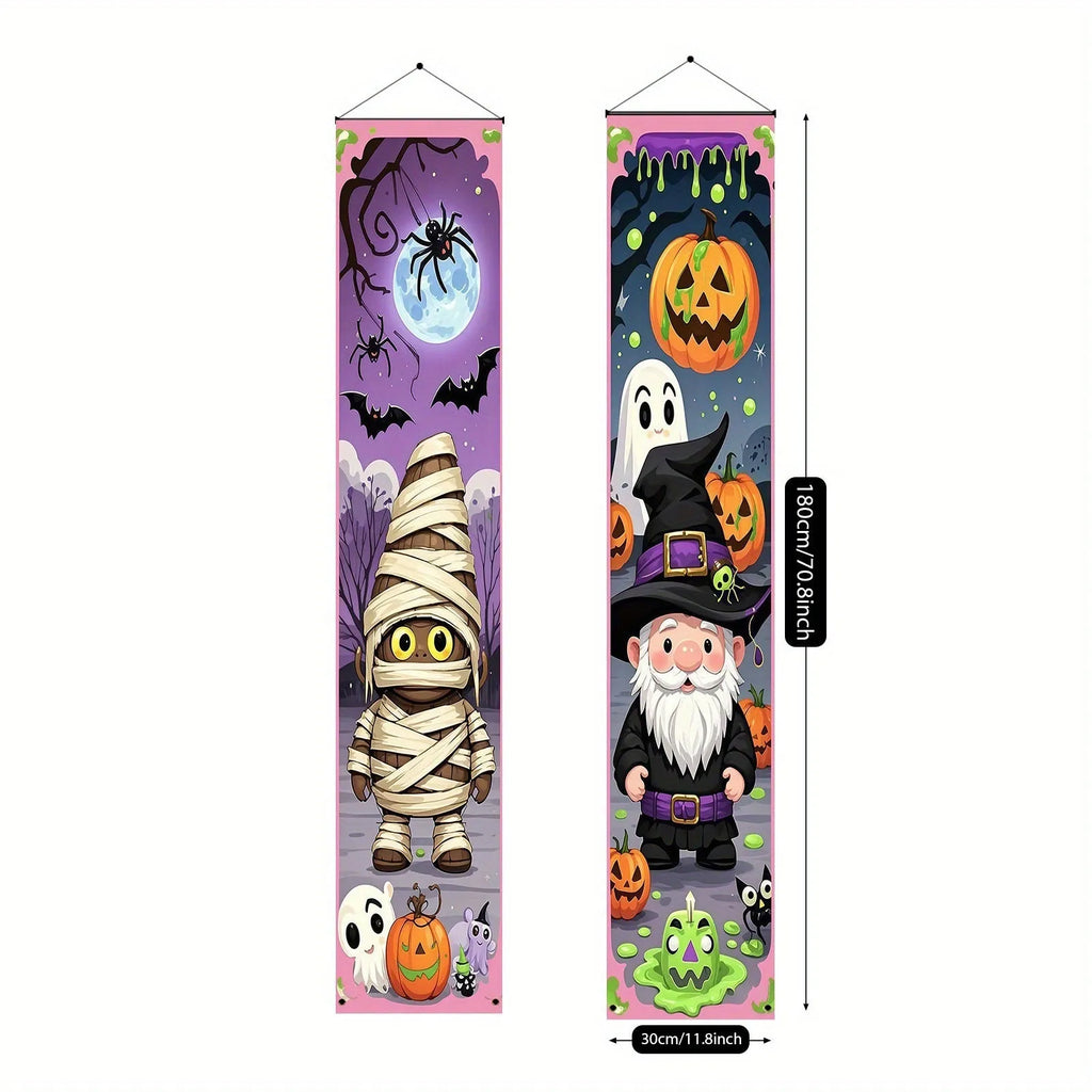 A pair of long Halloween-themed polyester banner decorations hanging on a wall.