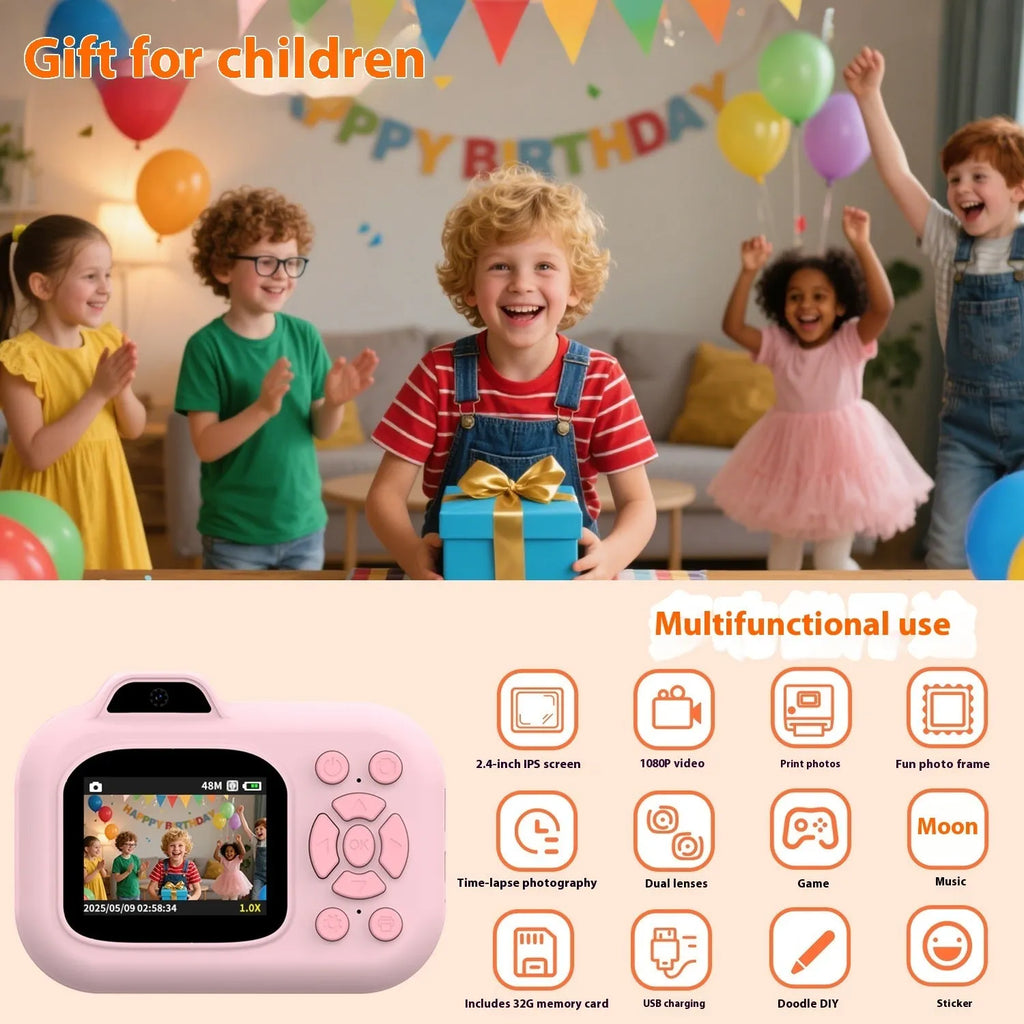 Children's plastic camera toy in blue, pink, or purple with screen, buttons, and included charging cable.