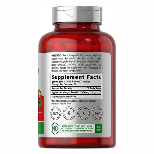 Bottle of 150 apple cider vinegar capsules dietary supplement tablets