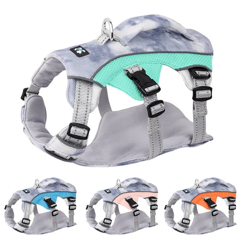 Reflective dog cooling harness chest strap in light blue colour with adjustable fittings