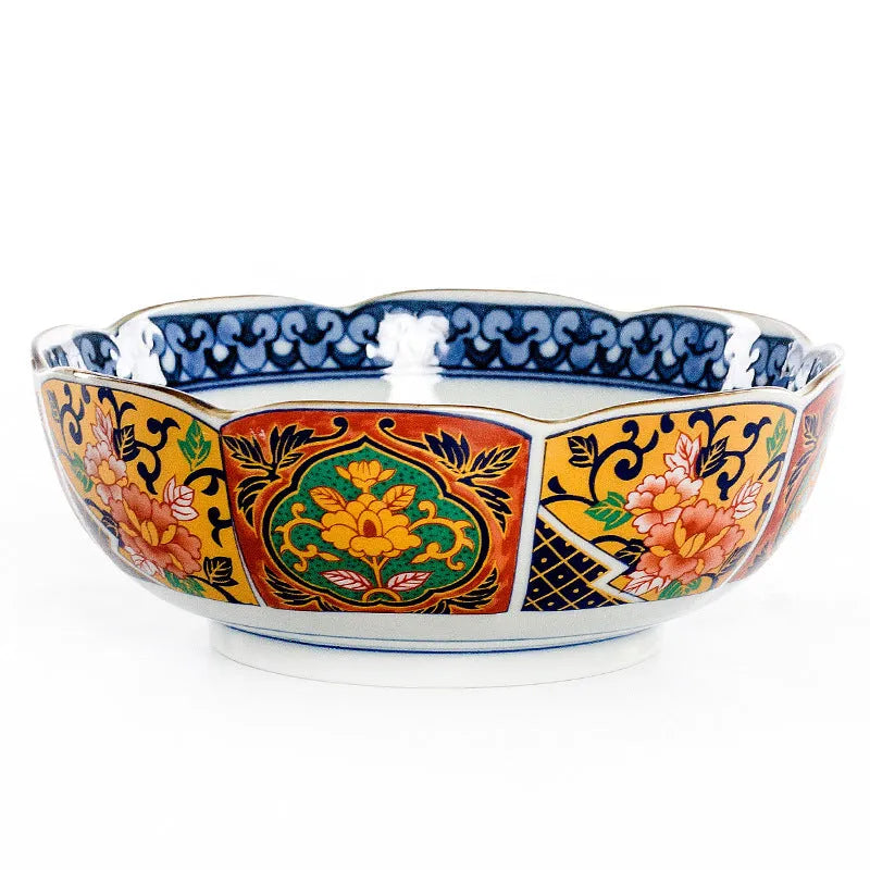 Golden retro style porcelain bowl with hand-painted peony pattern, 4 inches wide.