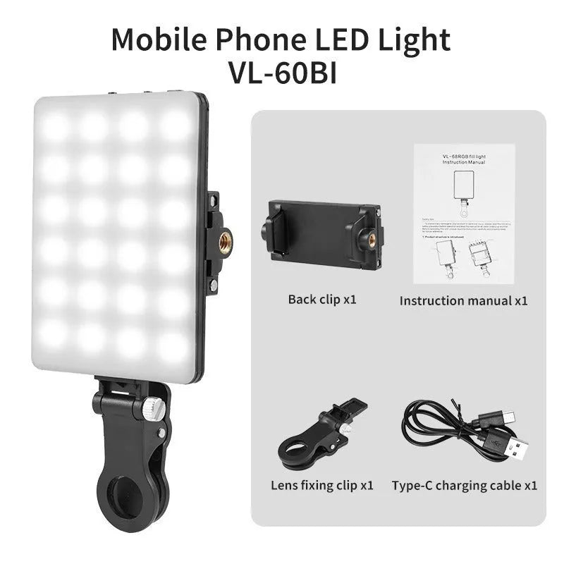 Portable LED fill light with clip attachment for mobile phone photography measuring 10.4 x 7.5 x 12.5 cm
