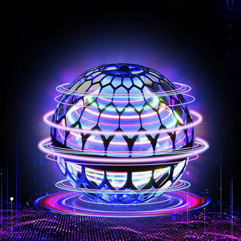 Blue spinning LED flying ball toy hovering above a child's hand with a magic wand.