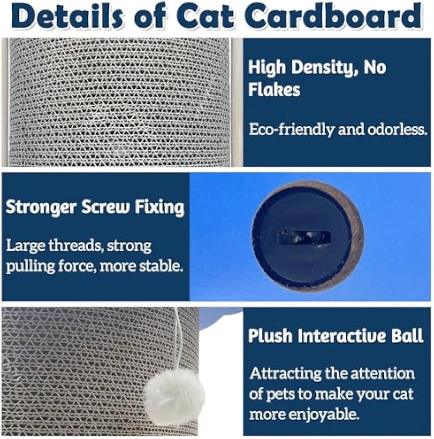 Corner cat scratching pad with hanging ball on cardboard surface