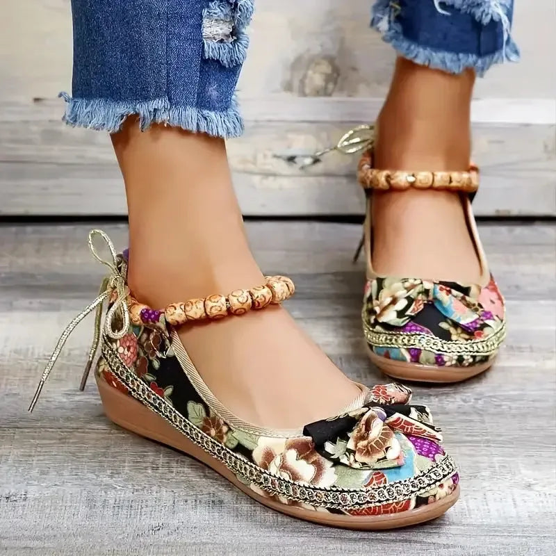 Women's black and red ethnic style platform sandals with elastic band fastening