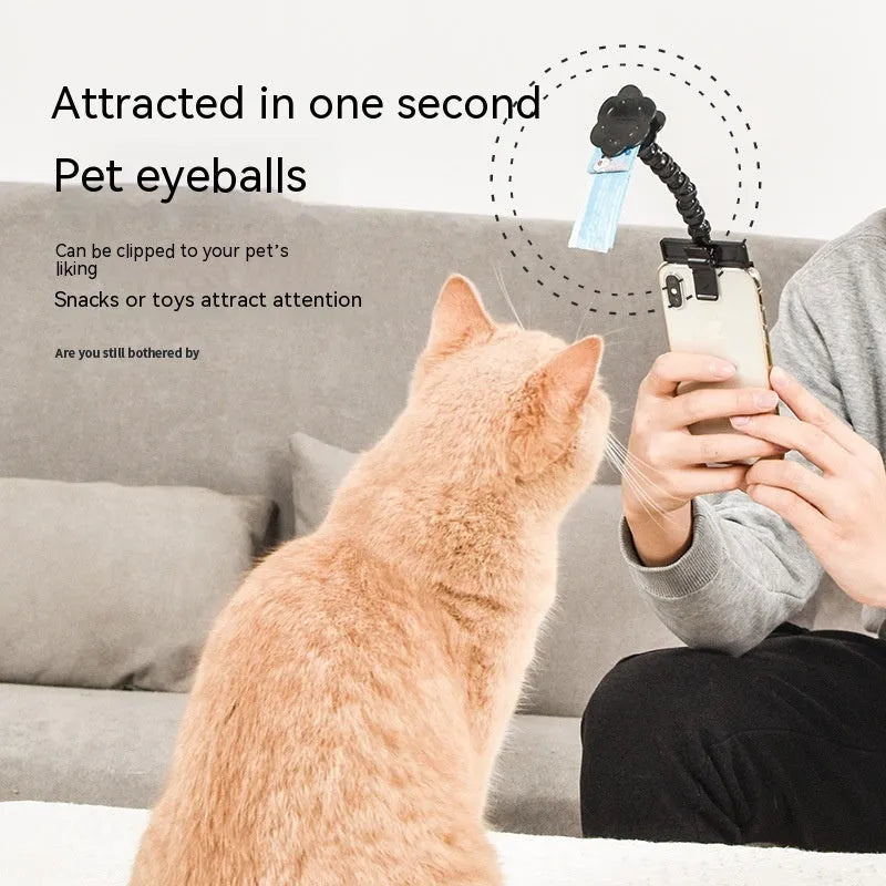 Black pet photography mobile phone holder with snack clip for attracting cat and dog attention during photos