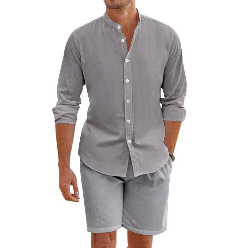 Men's linen-blend button-down shirt and drawstring shorts set in light blue colour