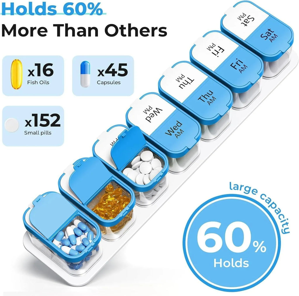 White and rainbow coloured extra large plastic pill organiser with 14 removable compartments.