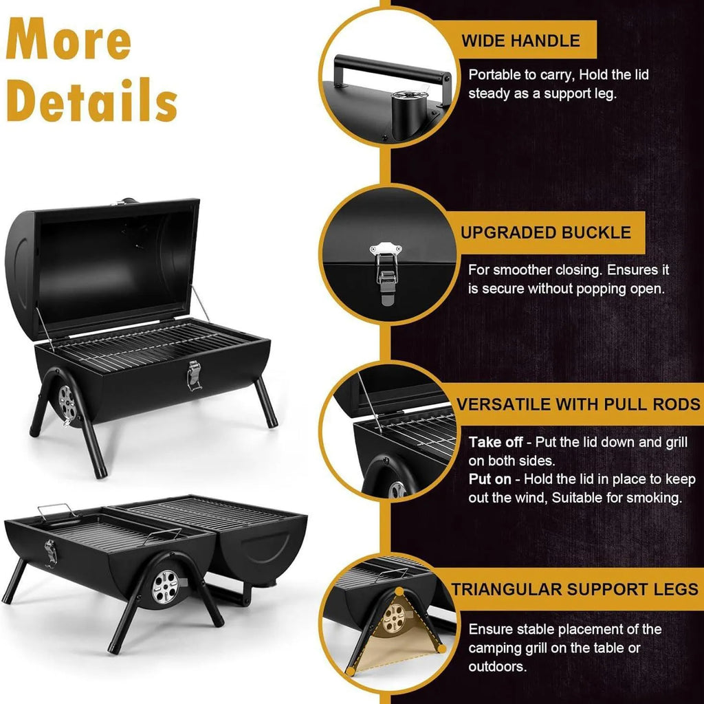 Small black folding desktop barbecue smoking device with charcoal stove and grill.
