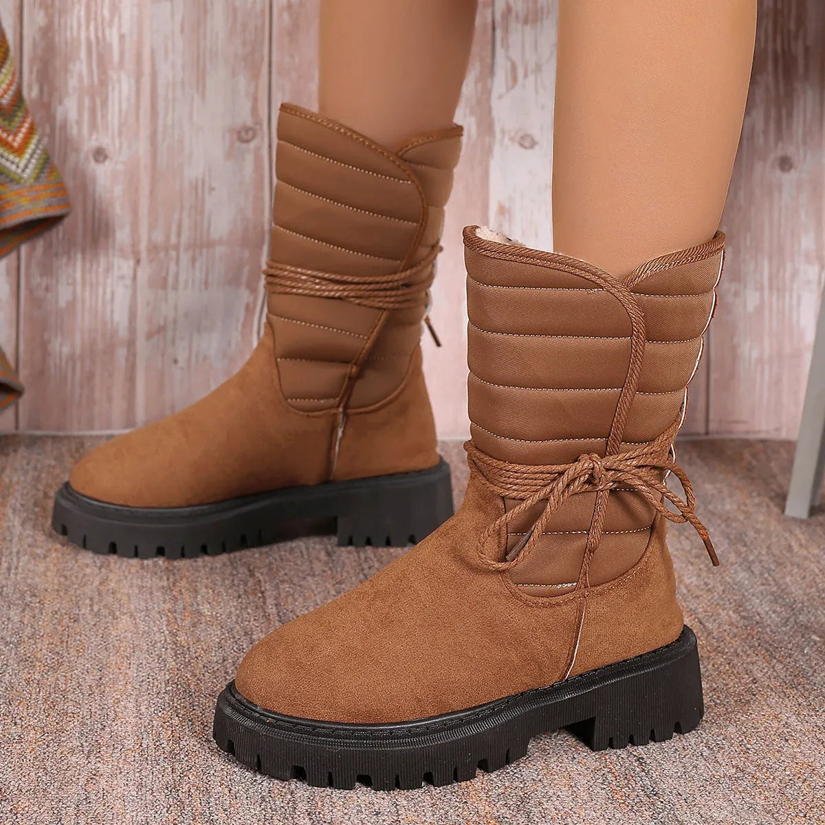 Women's black chunky heel mid-tube snow boots with lace-up design and fleece lining
