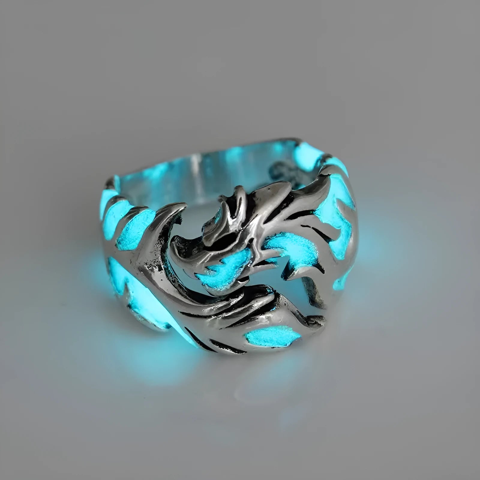 Chinese dragon pattern ring with adjustable opening in antique silver blue and green colour