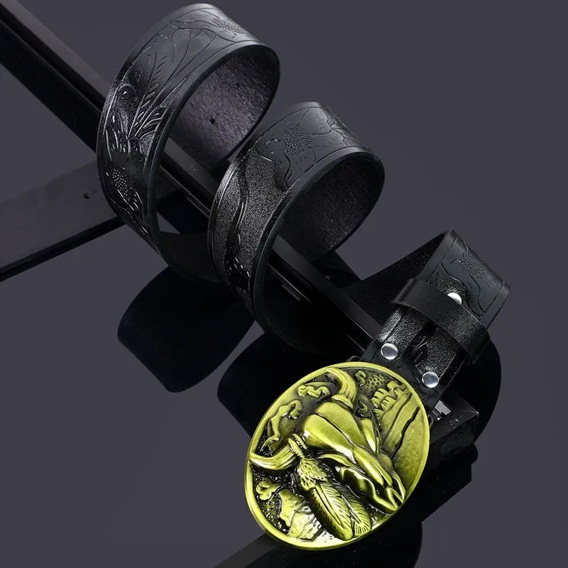 Men's imitation leather belt with a detailed alloy cow head buckle and pin buckle fastener.