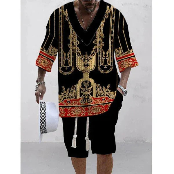 Men's loose casual short sleeve suit set in polyester fabric showing matching top and shorts