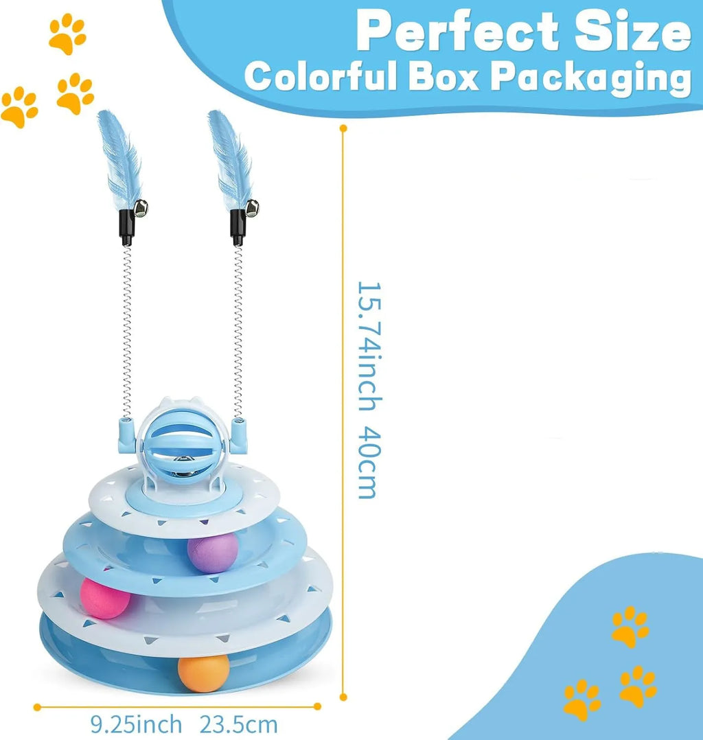 Blue 4-tier interactive cat puzzle toy with sliding balls and teasing rods on non-slip base