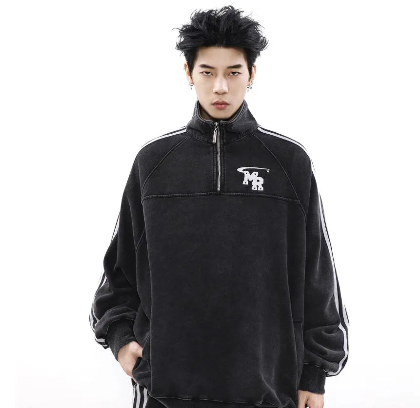 Black stand collar polyester couple hoodie with long sleeves in Hong Kong retro high street style