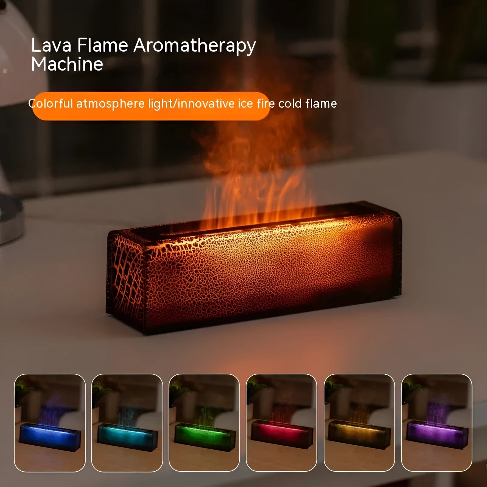 Square creative lava flame atmosphere humidifier and aroma diffuser with colourful LED lights on a desktop.