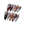 Set of 10 leopard print false nails with cross and flower patterns in XS, S, M, L sizes