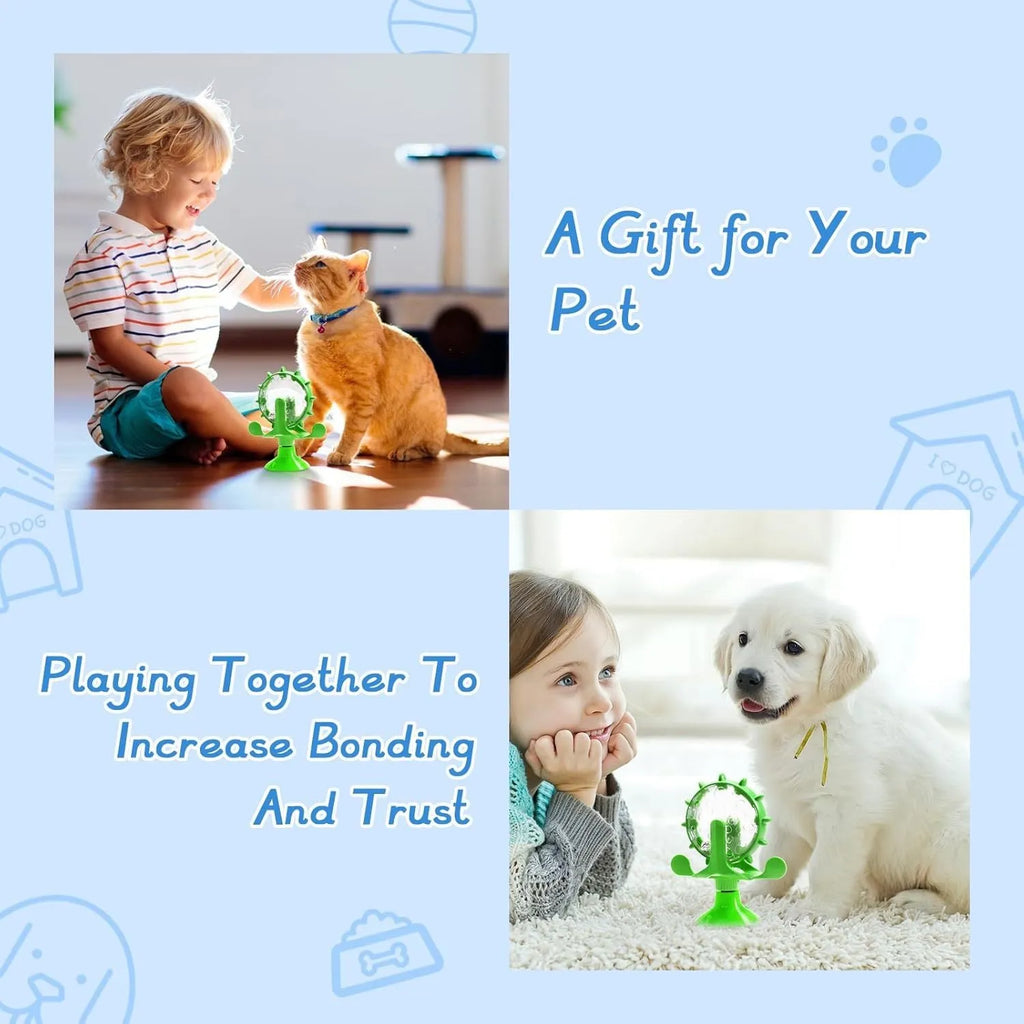 Interactive cat and dog puzzle feeder toy with rotating spinner and sucker base in assorted colours