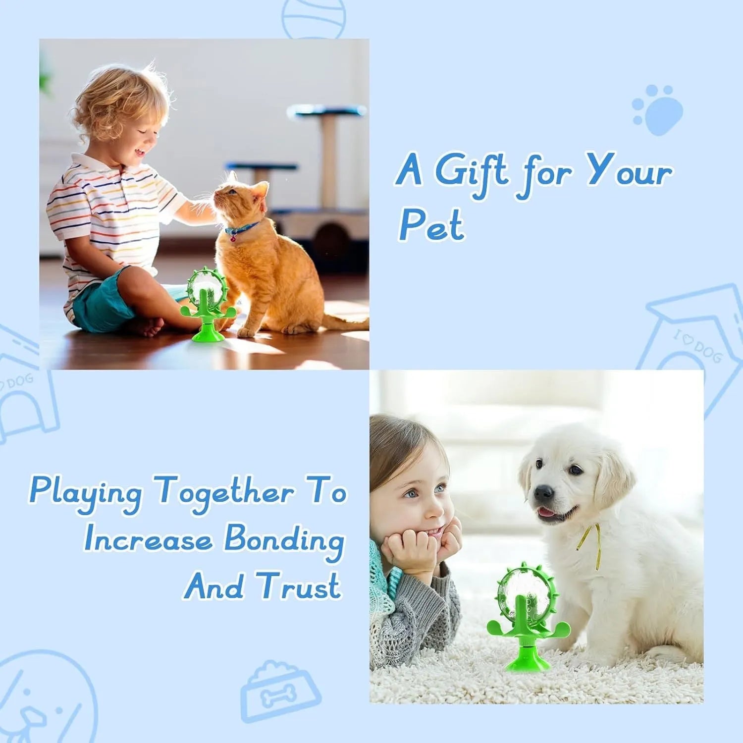 Interactive cat and dog puzzle feeder toy with rotating spinner and sucker base in assorted colours