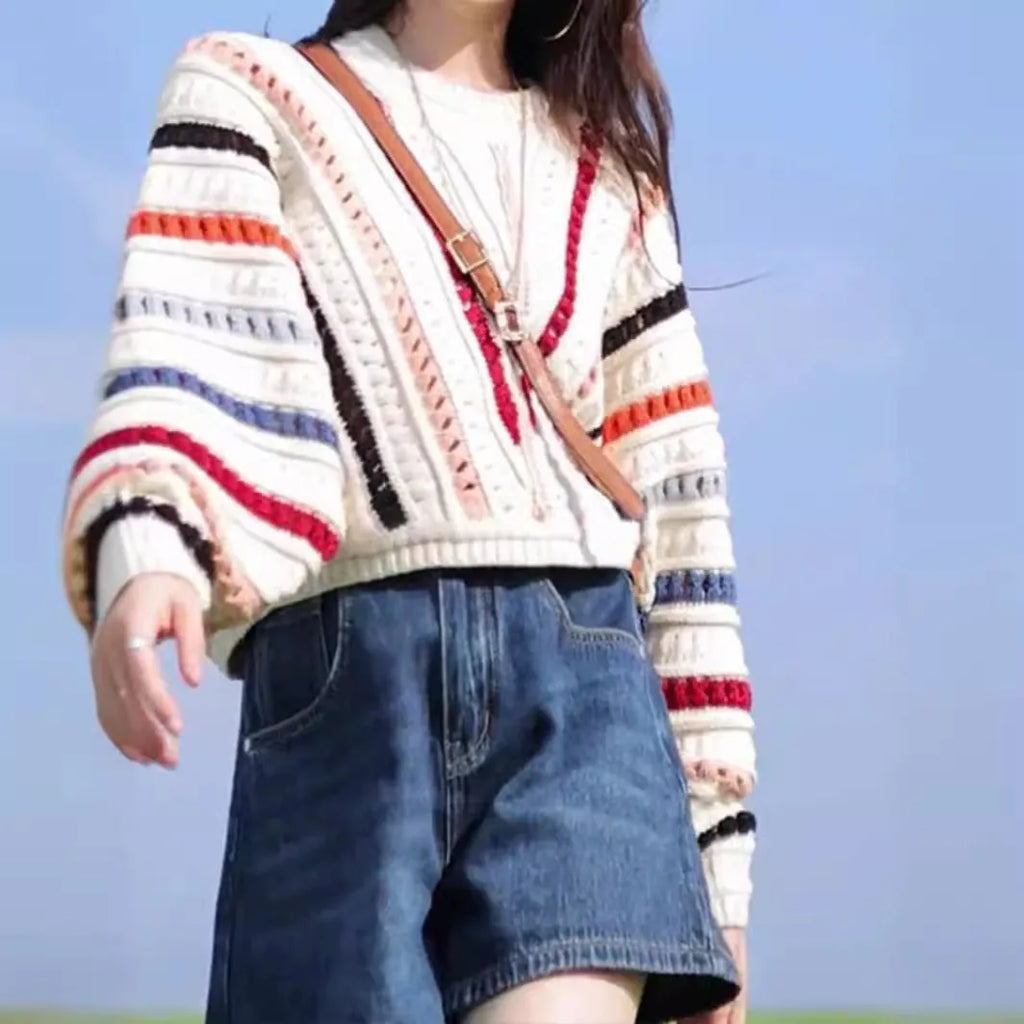 Rainbow striped hollow pattern sweater with batwing sleeves in loose Japanese Korean casual style