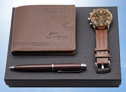 Four-piece gift set containing watch, wallet, and pen in modern presentation box