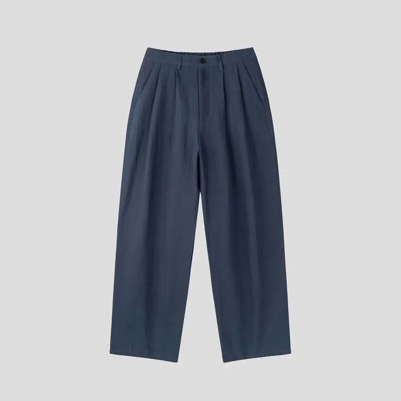 Men's lightweight cotton linen suit pants in loose Korean style with micro-elastic waist