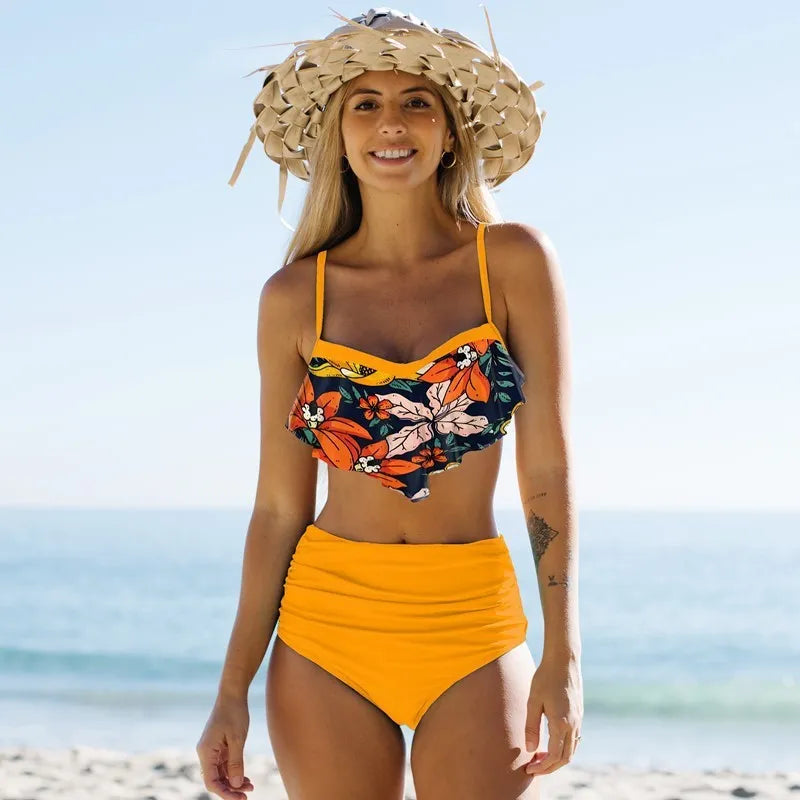 Women's green split bikini swimsuit with pleated pants design
