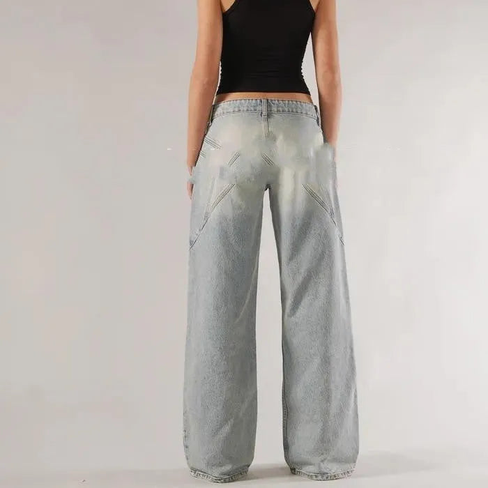 Loose straight wide leg cotton mop trousers in blue colour showing stitching detail
