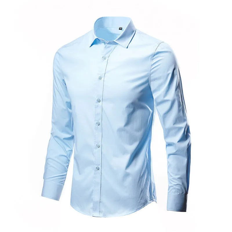 Men's slim fit long-sleeve linen shirt on a hanger, shown in a light grey colour with button front.