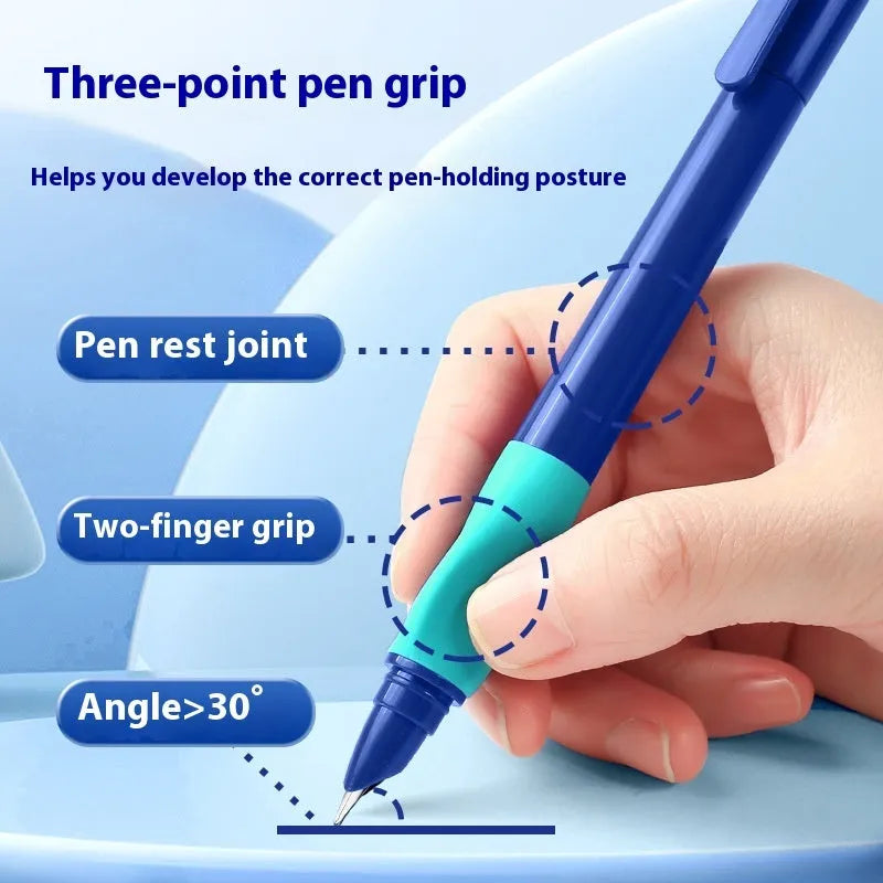 A boxed student posture correction pen with an ergonomic plastic grip, shown in blue colour variant.