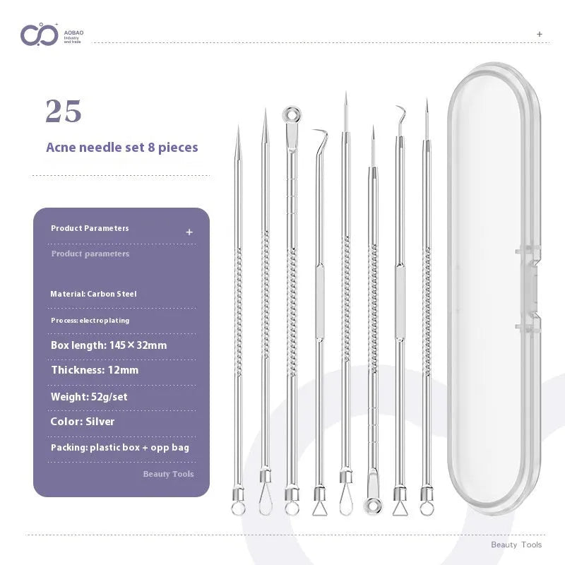 Four silver metal acne needles with ultra-fine pointed tips for skincare treatment.